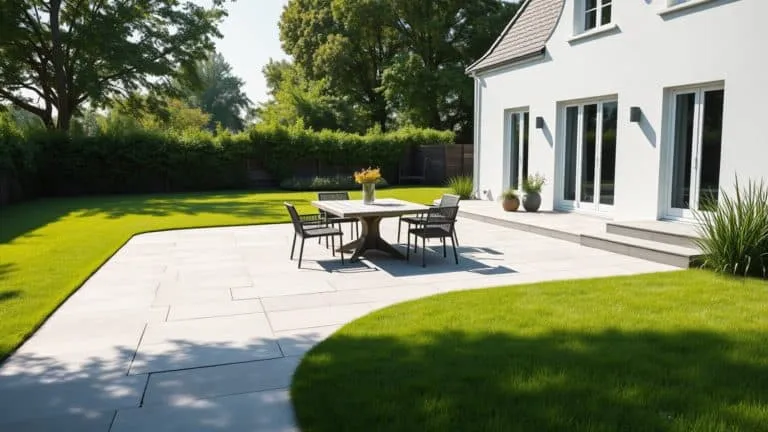 Ruim stenen terras van 25 m² met eettafel en loungeset in een groene Nederlandse tuin.