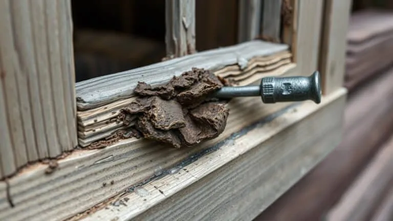 Close-up van een houten kozijn met zichtbare houtrot en een sponsachtige structuur in een Nederlandse tuin.