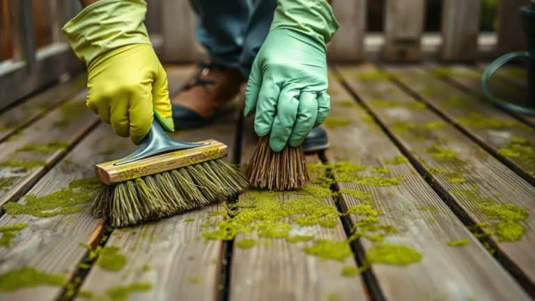 Pers met handschoenen die groene aanslag van houten terras schrobt met een harde borstel.