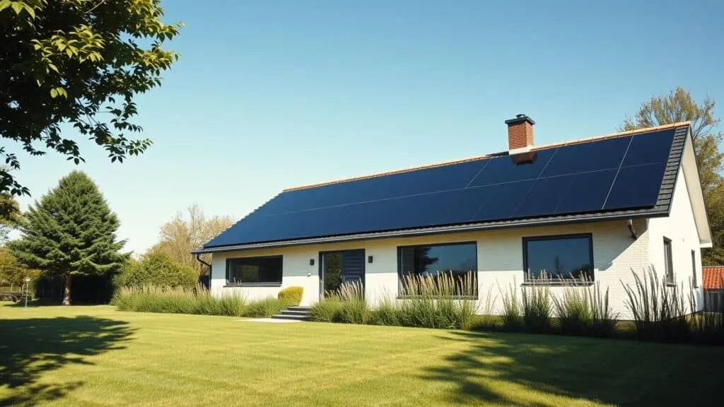 Moderne Nederlandse woning met zonnepanelen op het dak in een zonnige tuin.