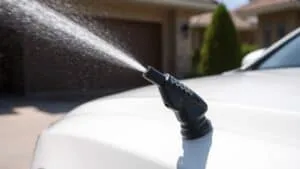 Hogedrukreiniger die water op de lak van een witte auto spuit in een oprit.