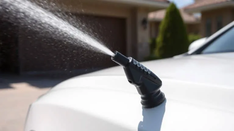 Hogedrukreiniger die water op de lak van een witte auto spuit in een oprit.
