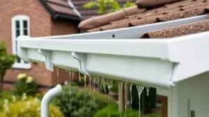 Witte PVC dakgoot met regelmatig geplaatste beugels in een Nederlandse tuin, gevuld met regenwater.