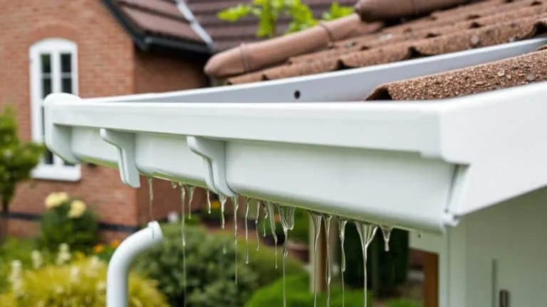 Witte PVC dakgoot met regelmatig geplaatste beugels in een Nederlandse tuin, gevuld met regenwater.