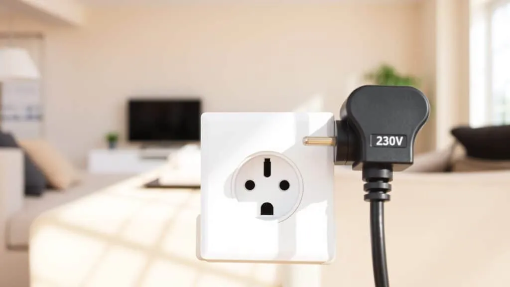 Nederlands stopcontact met stekker in een lichte muur, voorbeeld van 230 volt netspanning.