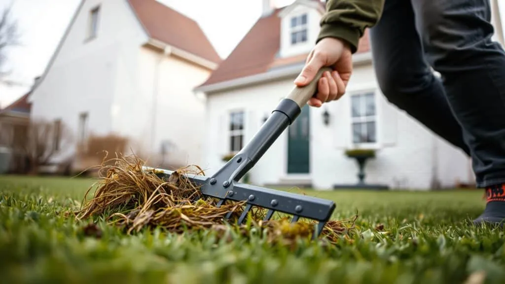Persoon die een gazon verticutert met een hark in een Nederlandse tuin voor een wit huis.
