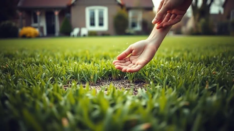 Hand strooit graszaad op kale plek in gazon van Nederlandse tuin in het voorjaar.