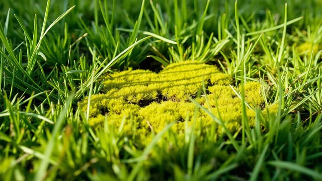 Groene mosplekken in een Nederlands gazon tijdens het voorjaar, zichtbaar tussen de grasbladeren.