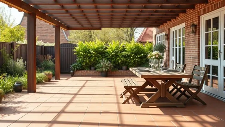 Gereinigd terras met terracotta tegels en barbecue in een Nederlandse tuin in het voorjaar.