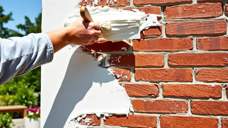 Werkman die witte buitenstuc aanbrengt op een bakstenen gevel in een Nederlandse tuin.