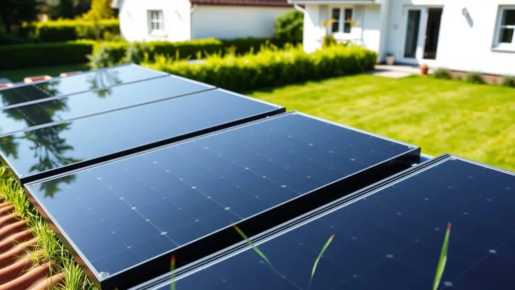 Zes zonnepanelen op het dak van een Nederlands huis met een groene tuin op de achtergrond.