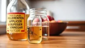 Glazen vliegenvanger met azijn op een houten keukenblad naast een fruitmand.