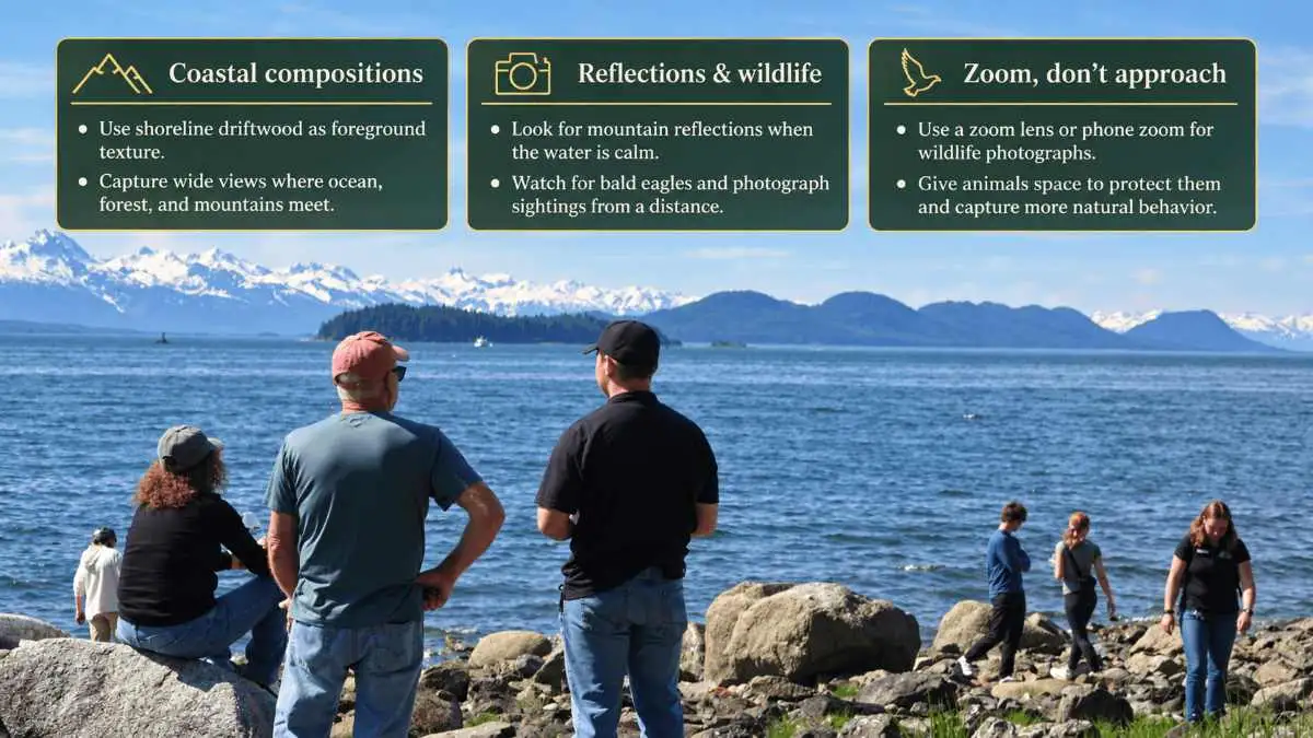 11 Instagram-Worthy Photo Spots in Juneau That Showcase the Best of Alaska 5 People on a rocky shore look at distant mountains and ocean, with three photography tips.