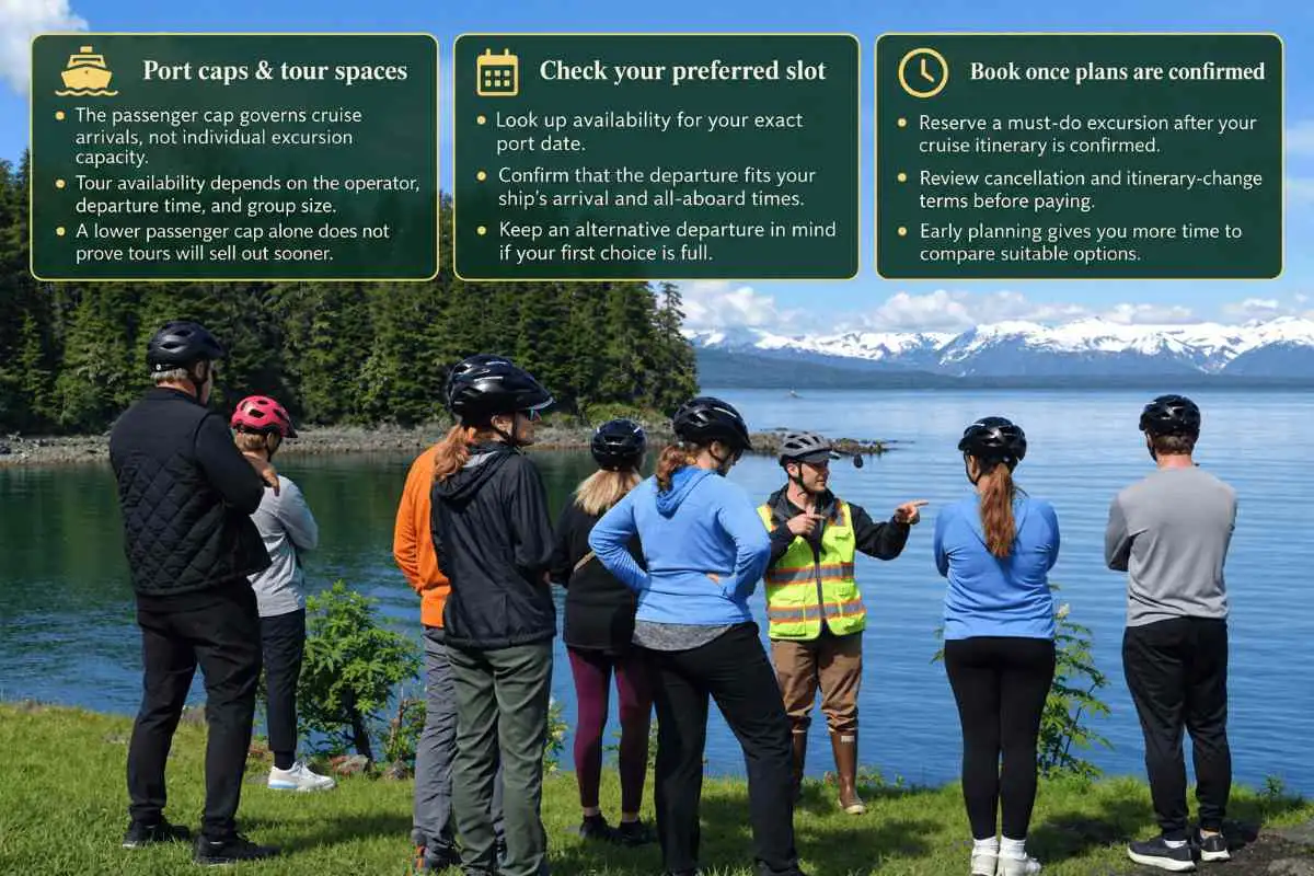 Juneau's New Cruise Passenger Caps: What They Mean for Booking Your 2027 Shore Excursion 4 Tourists and guide on scenic Alaskan shore with water, mountains, overlaid with booking tips.