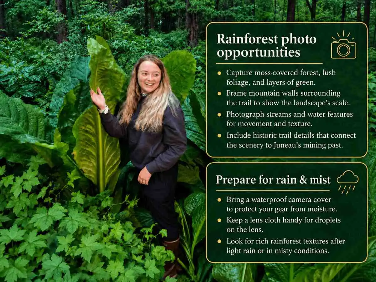 11 Instagram-Worthy Photo Spots in Juneau That Showcase the Best of Alaska 4 Smiling woman in a vibrant, dense green rainforest, surrounded by large leaves.