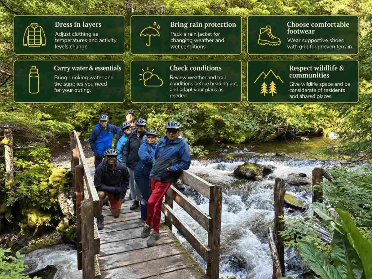 Quiet Places in Juneau to Escape Cruise Crowds and Experience Alaska Like a Local 6 Group on a wooden bridge over a forest stream, with overlaid outdoor safety tips.