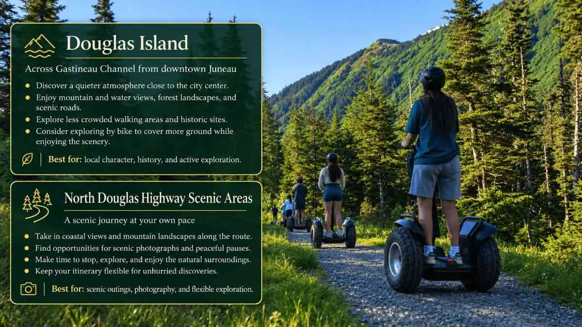 Quiet Places in Juneau to Escape Cruise Crowds and Experience Alaska Like a Local 4 People on Segways navigate a gravel trail through a lush green mountain forest.