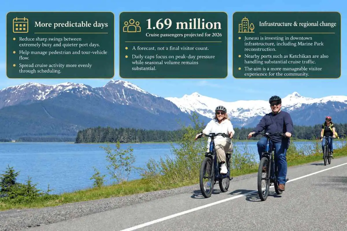Juneau's New Cruise Passenger Caps: What They Mean for Booking Your 2027 Shore Excursion 2 Text boxes above three people cycling on a paved path beside water and snowy mountains.