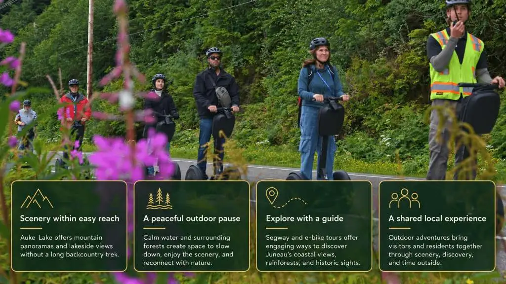 Discovering Auke Lake: Juneau’s Tranquil Waters, Trails, and Postcard Views 5 Guided Segway tour with people wearing helmets on a scenic forest path with purple flowers.