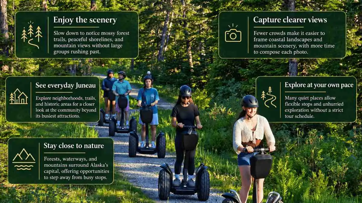 Quiet Places in Juneau to Escape Cruise Crowds and Experience Alaska Like a Local 1 Group of people ride Segways on a sunny forest path, with text promoting Juneau tours.