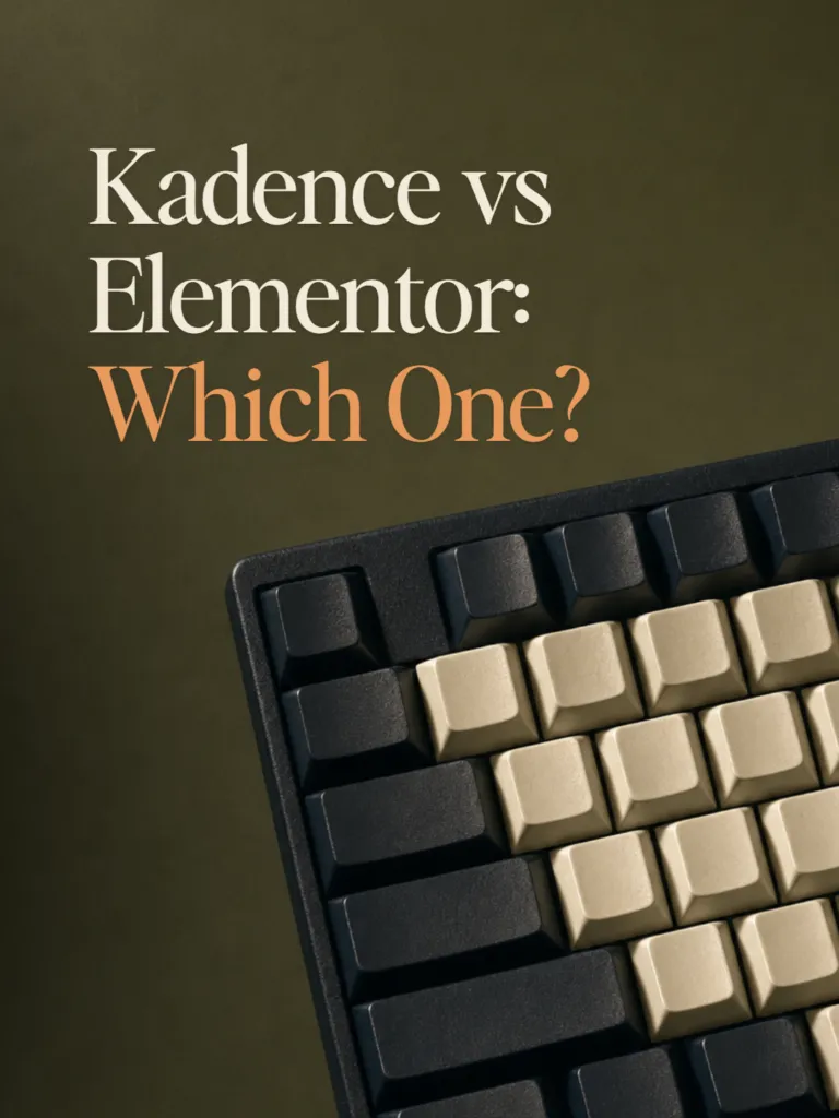 A worn black and cream keyboard on a deep olive ground, beside the title Kadence vs Elementor: Which One?