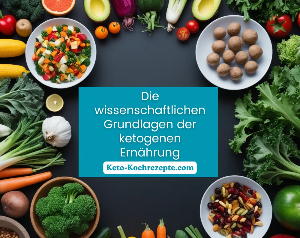 Rund um ein Buch mit dem Titel „Die wissenschaftlichen Grundlagen der ketogenen Ernährung“ werden verschiedene Gemüse- und Keto-Gerichte arrangiert, in denen die Vorteile der Keto-Diät, wie etwa eine verbesserte Fettverbrennung statt Glukose, hervorgehoben werden.