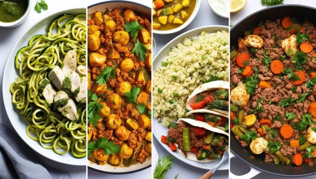 Vier Gerichte nebeneinander: Pesto-Nudeln mit Hühnchen, Curry mit Kartoffeln, Couscous mit Gemüse und gemischtes Gemüse mit Rindfleisch. Obwohl es sich nicht streng genommen um Keto-Abendessenrezepte handelt, bieten diese Mahlzeiten eine Vielfalt an Aromen und Zutaten, um jeden Gaumen zufriedenzustellen.