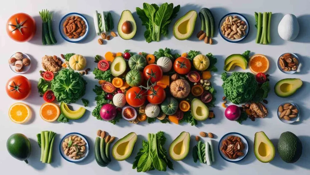 Ein Arrangement frischer Keto-Lebensmittel, darunter saisonales Obst, Gemüse, Nüsse und Eier auf einer weißen Oberfläche, symmetrisch präsentiert in verschiedenen leuchtenden Farben.