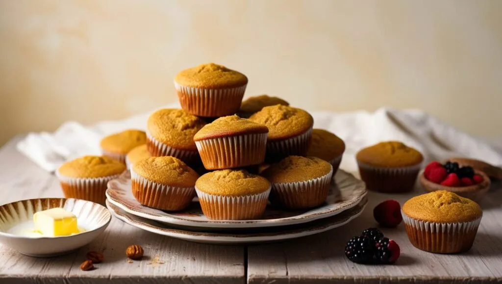 Ein Stapel Keto-Kürbismuffins auf einem Teller, umgeben von Beeren, Butter und Nüssen auf einem Holztisch.