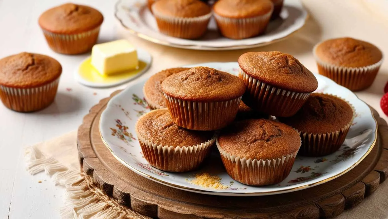 Ein Teller mit köstlichen Keto-Muffins, gestapelt auf einem Holzbrett, mit Butter auf einem Teller in der Nähe und weiteren Keto-Muffins im Hintergrund.