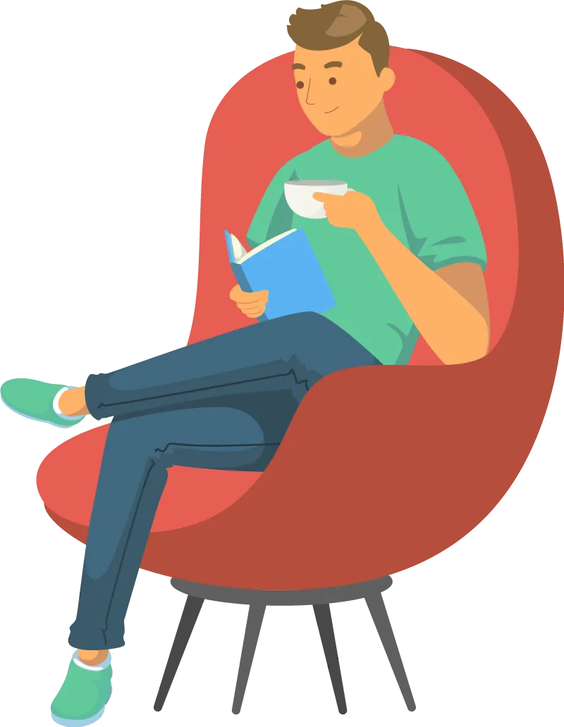 Illustration einer Person, die in einem roten Stuhl sitzt, ein Buch liest und eine Tasse hält.