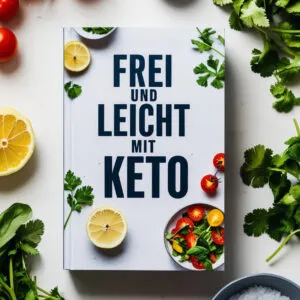 Kochbuch mit dem Titel „Frei und Leicht mit Keto“, umgeben von frischen Tomaten, Koriander, Zitronenhälften und Schüsseln mit Salz.