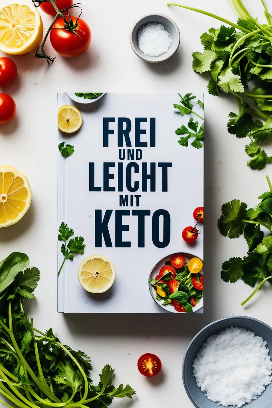 Kochbuch mit dem Titel „Frei und Leicht mit Keto“, umgeben von frischen Tomaten, Koriander, Zitronenhälften und Schüsseln mit Salz.