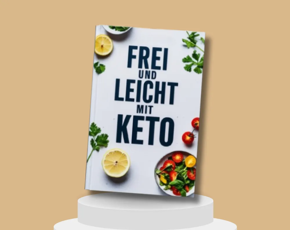 Buch mit dem Titel „Frei und Leicht mit Keto“ auf einem Podest, umgeben von Gemüse und Zitronenscheiben.