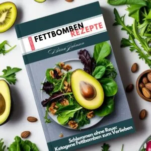 Ein Kochbuch mit dem Titel „Fettbomben Rezepte“ auf einem Tisch, umgeben von Avocados, Gemüse, Nüssen und frischen Kräutern.