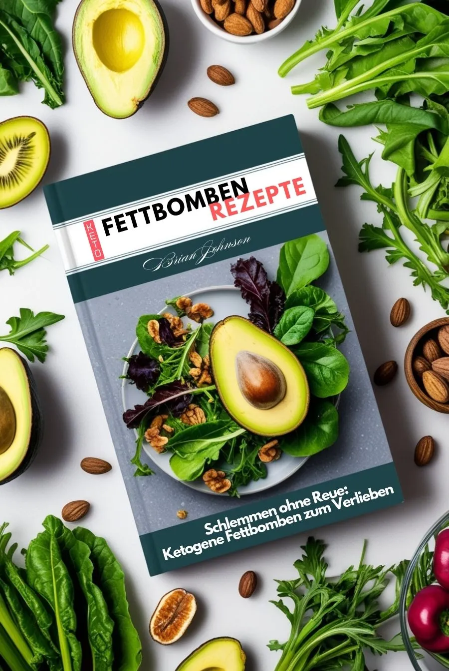 Ein Kochbuch mit dem Titel „Fettbomben Rezepte“ auf einem Tisch, umgeben von Avocados, Gemüse, Nüssen und frischen Kräutern.
