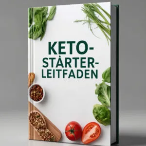 3D-Rendering eines deutschen Buches mit dem Titel „Keto-Starter-Leitfaden“ mit frischem Gemüse und Gewürzen auf dem Cover.