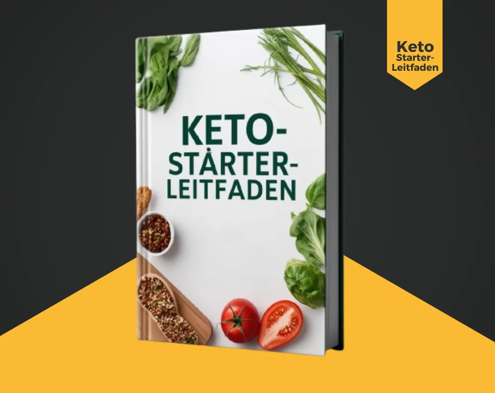 Ein Buch mit dem Titel „Keto Starter-Leitfaden“ mit Gemüse drumherum auf schwarz-gelbem Hintergrund.