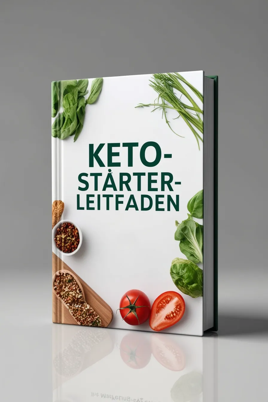 3D-Rendering eines deutschen Buches mit dem Titel „Keto-Starter-Leitfaden“ mit frischem Gemüse und Gewürzen auf dem Cover.