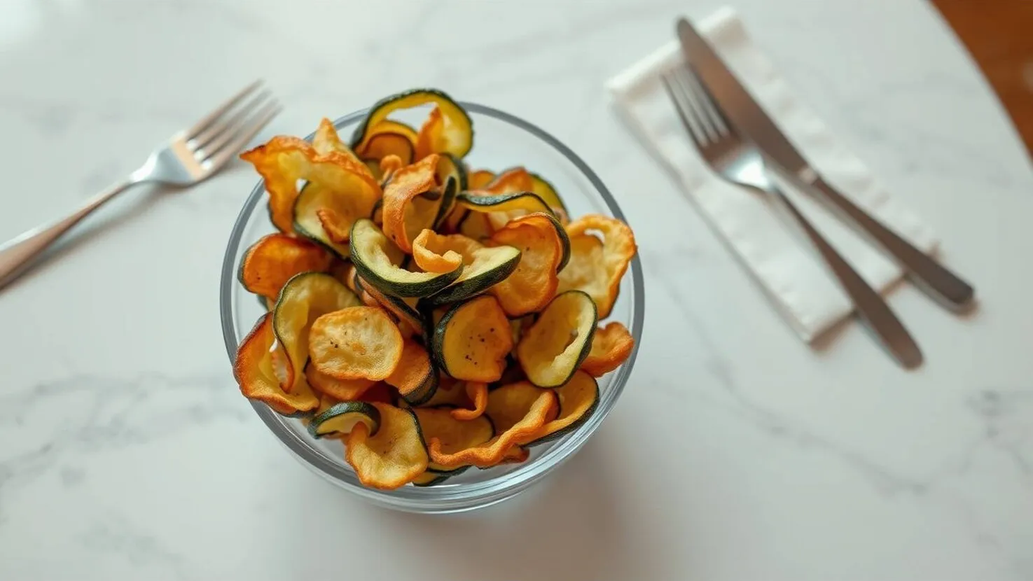 Auf einem Tisch steht eine Glasschale mit Zucchinichips und präsentiert ein leckeres Rezept für Zucchinichips. Daneben liegen Gabel und Messer. Auf einem Tisch steht eine Glasschale mit Zucchinichips und präsentiert ein leckeres Rezept für Zucchinichips. Daneben liegen Gabel und Messer.