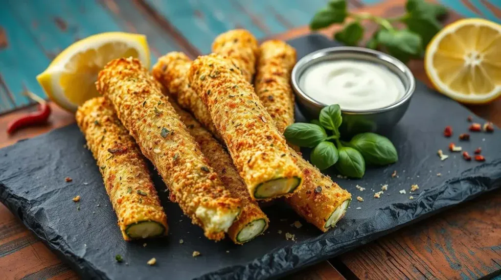 Fünf knusprige gebackene Parmesan-Zucchini-Sticks auf einer Schieferplatte mit Zitrone, Dip und Basilikumblättern zum Garnieren.