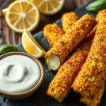 Gebackene Parmesan-Zucchini-Sticks mit Dip, Zitronenscheiben und Basilikum auf einer Schieferplatte.