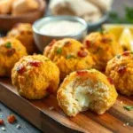 Goldgelbe Käsige Speck-Blumenkohl-Reisbällchen auf einem Holzbrett, mit Kräutern garniert, im Hintergrund Zitronenscheiben und Saucen.