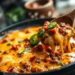 Ein Holzlöffel hebt einen mit Jalapeños garnierten Keto-Chili-Käse-Dip aus einer schwarzen Bratpfanne, umgeben von Tortillachips.
