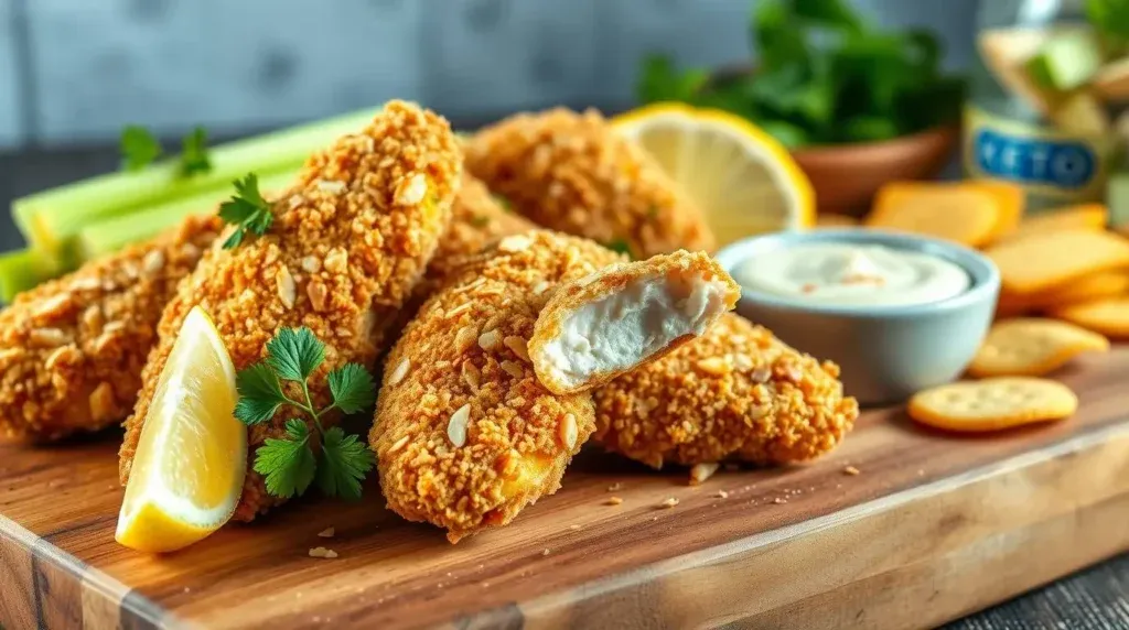 Nahaufnahme von Keto-Hähnchen-Tenders auf einem Holzbrett mit Zitronenscheiben, Sellerie, Crackern und einer Dip-Schale.