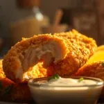 Nahaufnahme von knusprigen Keto-Hähnchen-Tenders mit Dip-Sauce und Zitronenscheiben, garniert mit Petersilie, in warmem Licht.