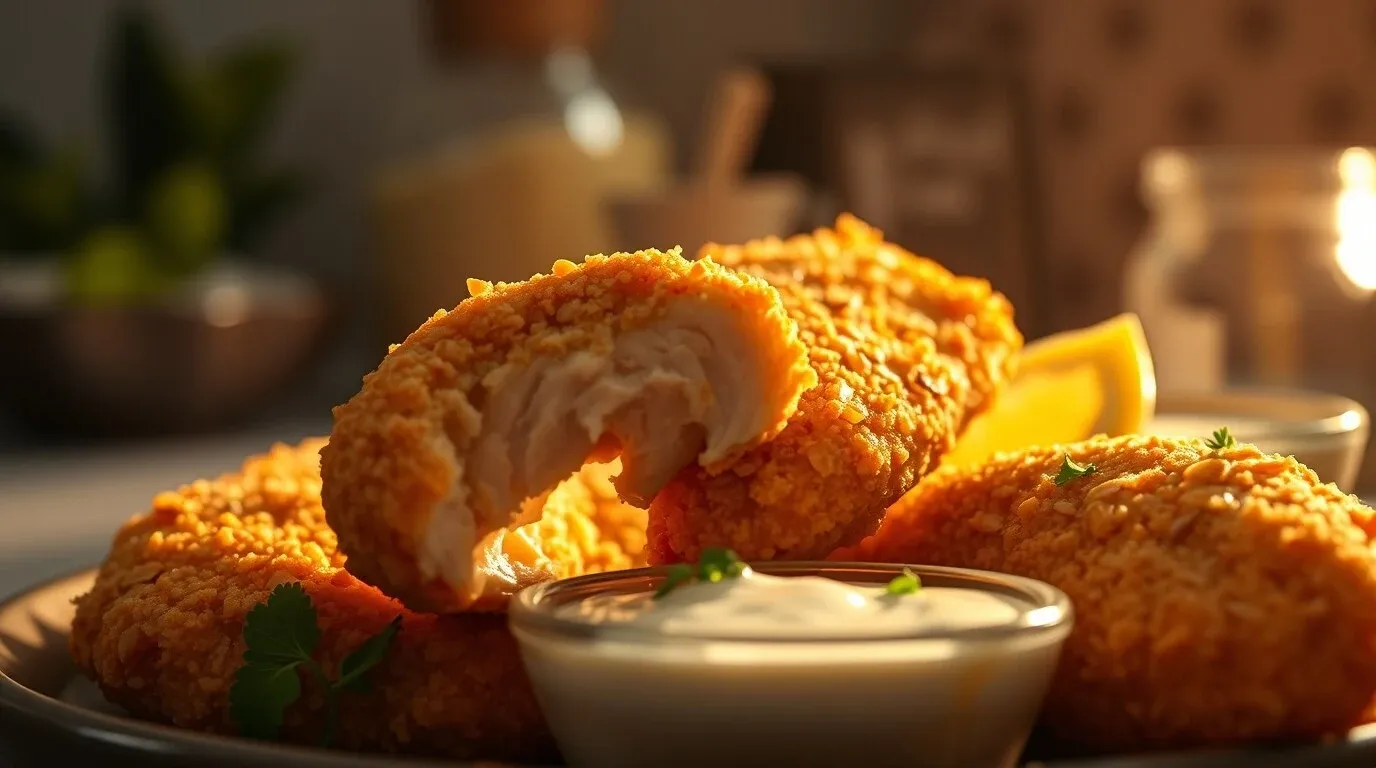 Nahaufnahme von knusprigen Keto-Hähnchen-Tenders mit Dip-Sauce und Zitronenscheiben, garniert mit Petersilie, in warmem Licht. Nahaufnahme von knusprigen Keto-Hähnchen-Tenders mit Dip-Sauce und Zitronenscheiben, garniert mit Petersilie, in warmem Licht.