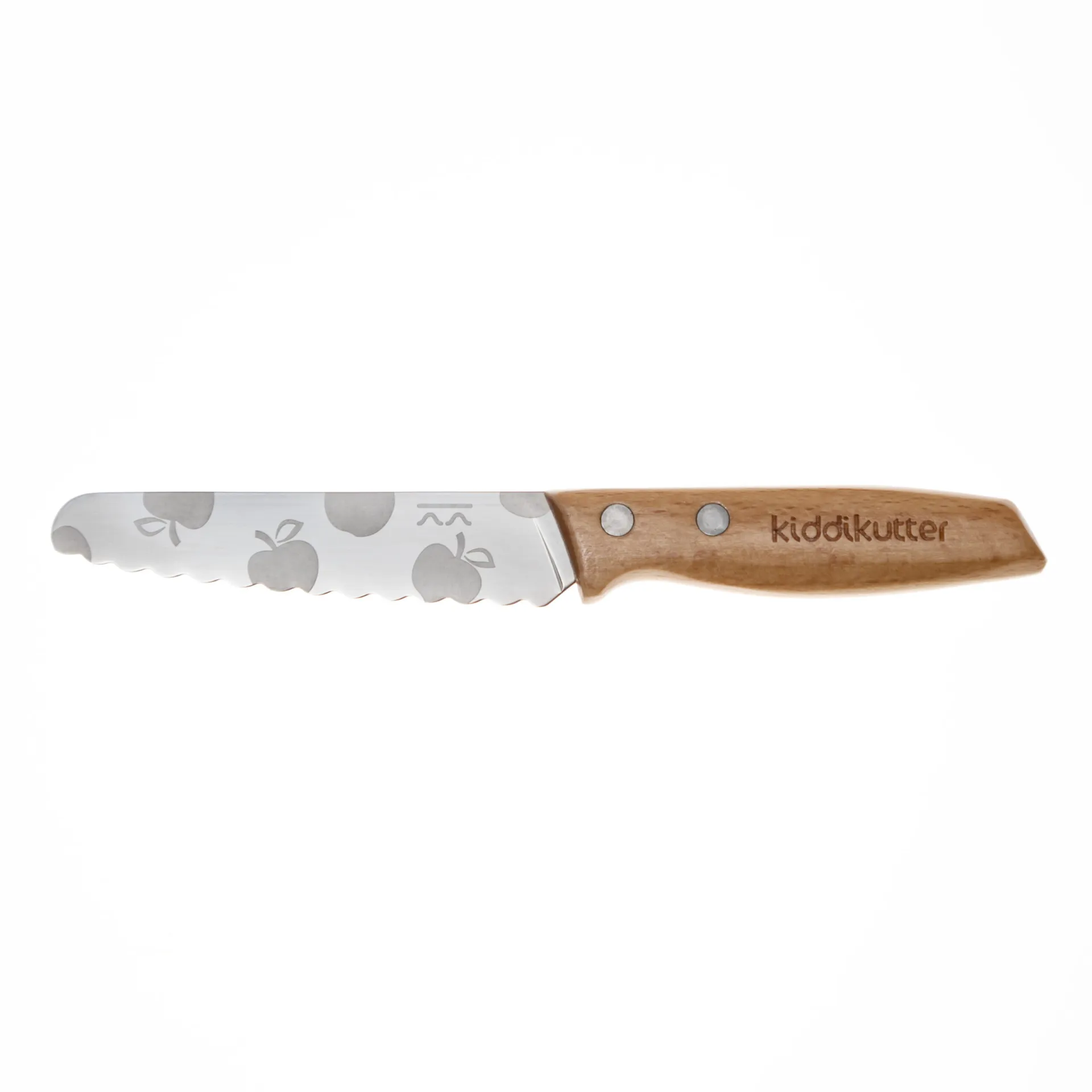 Wooden Kiddikutter knives with apples etched on the blade