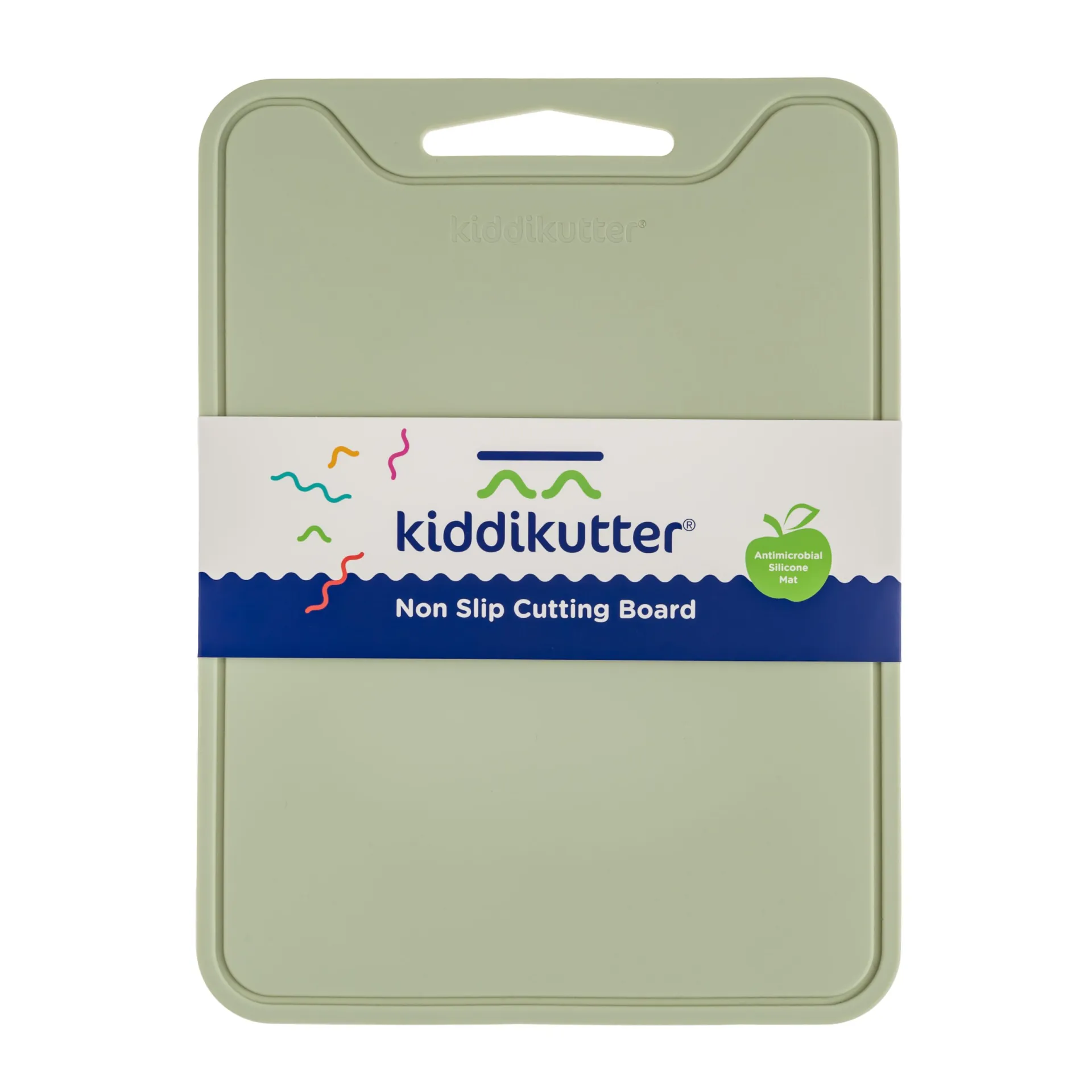 A green, rectangular non-slip silicone cutting board by kiddikutter, designed for kids with a white and blue label around it.