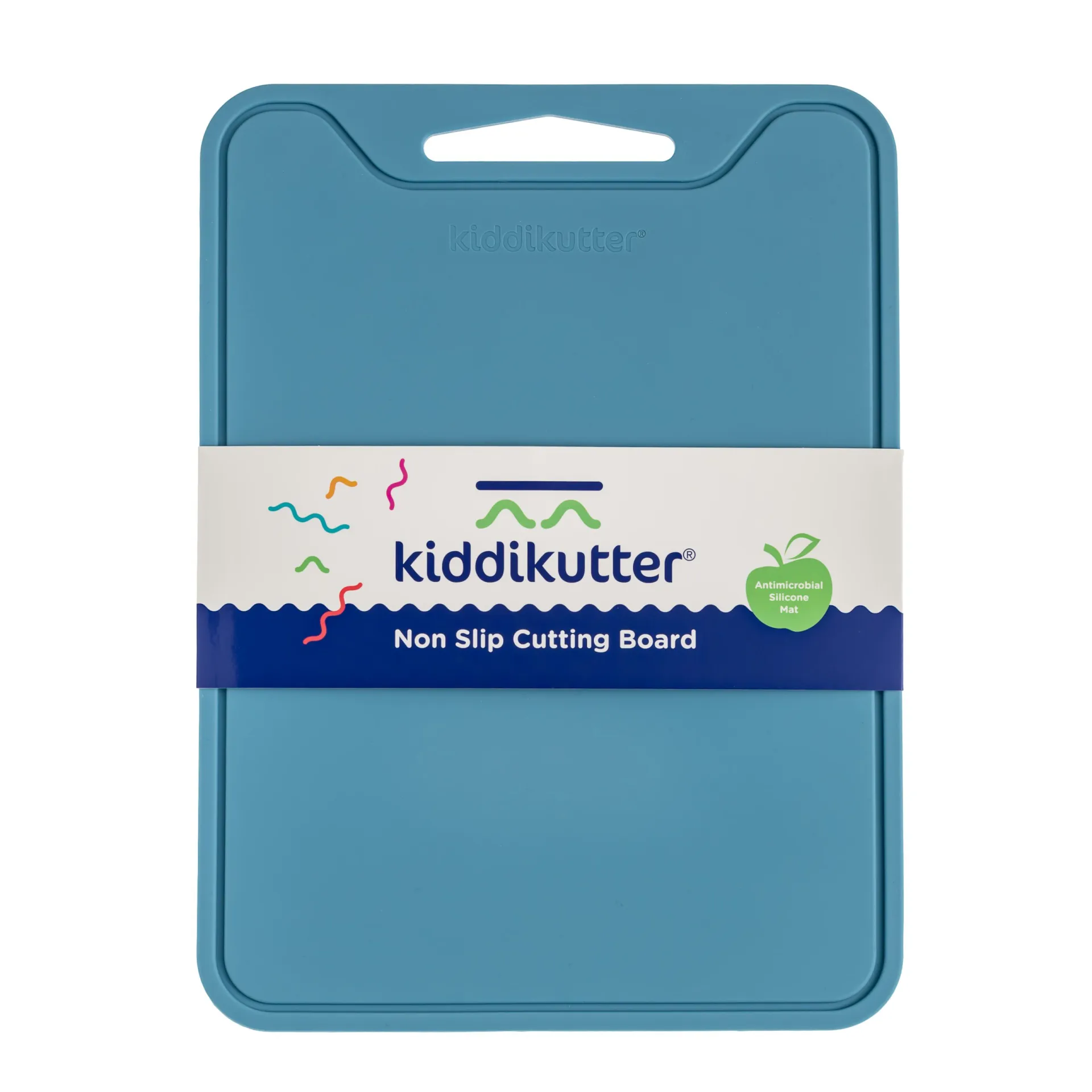 A blue, rectangular non-slip silicone cutting board by kiddikutter, designed for kids with a white and blue label around it.
